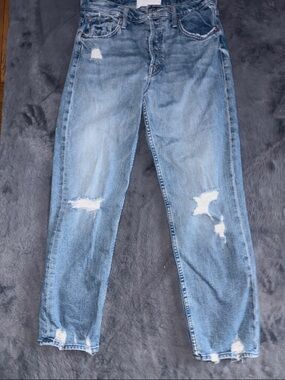 MOTHER Straight Leg Jeans in Light Blue Distressed Wash